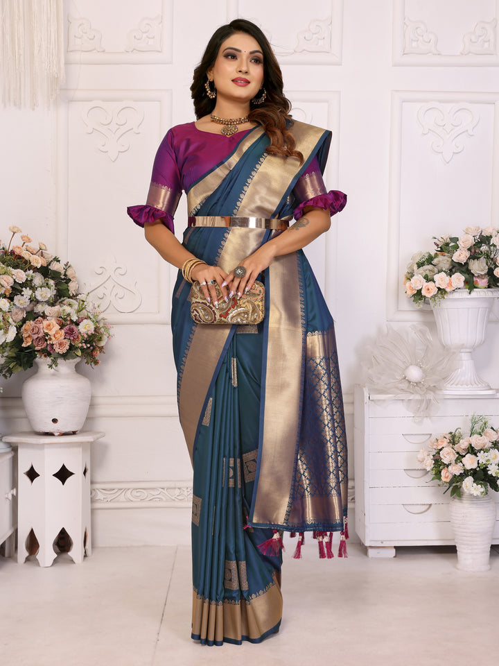 Blue Sameera Lichi soft Silk sarees & woven Butta concept With woven Zari borders both sides