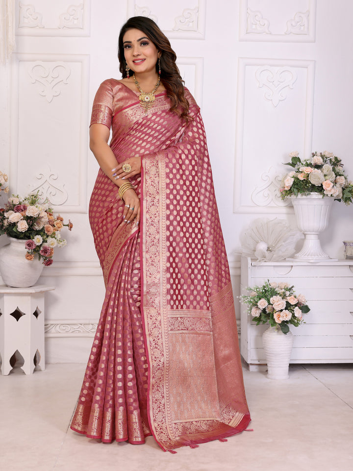 Pink Aruni Soft Organza Silk Banarasi Saree With Unique Butta With Unique Colours