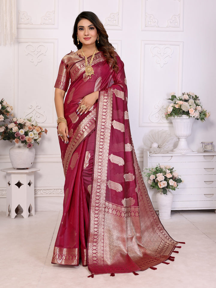Maroon Vanshika Soft Organza Silk Banarasi Saree With Unique Butta With Unique Colours