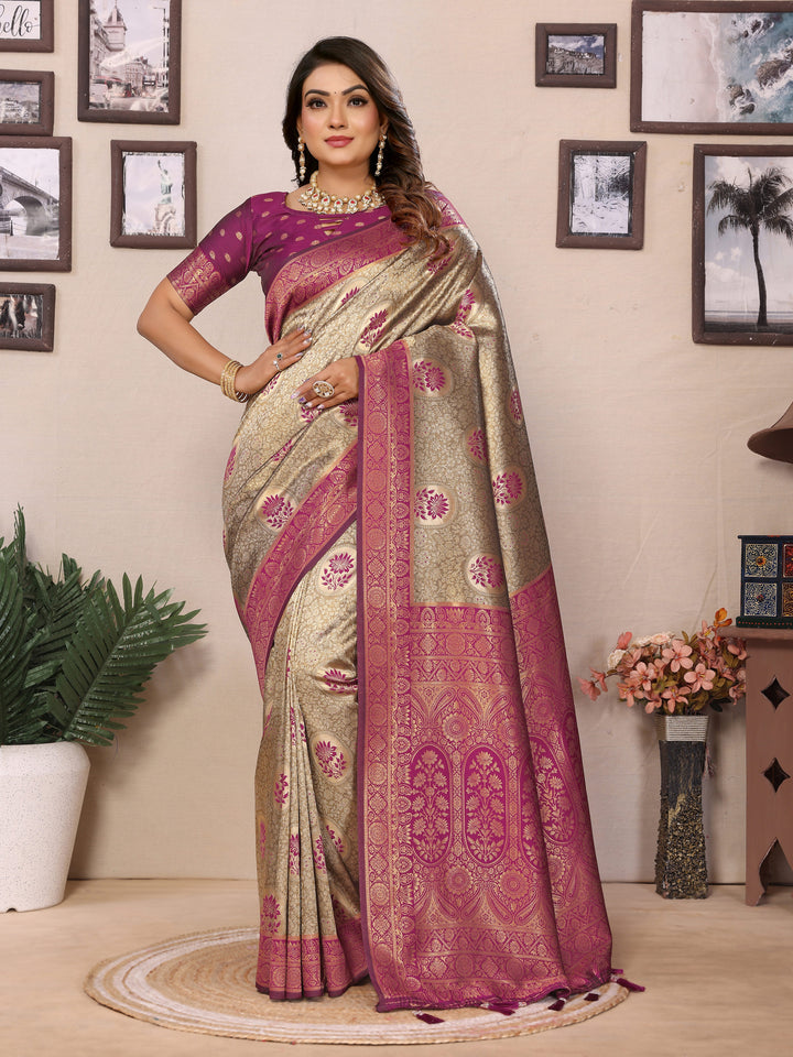 Wine Mahek Handloom Tissue Silk Sarees with Zari Weaving and Contrast Zari  borders
