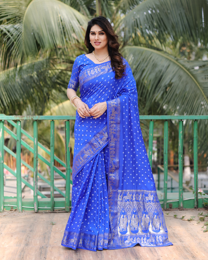 Blue Mausami Pure Bandhej Silk Saree With Zari Weaving Border & Rich Pallu With Beautiful Design And Broad Border