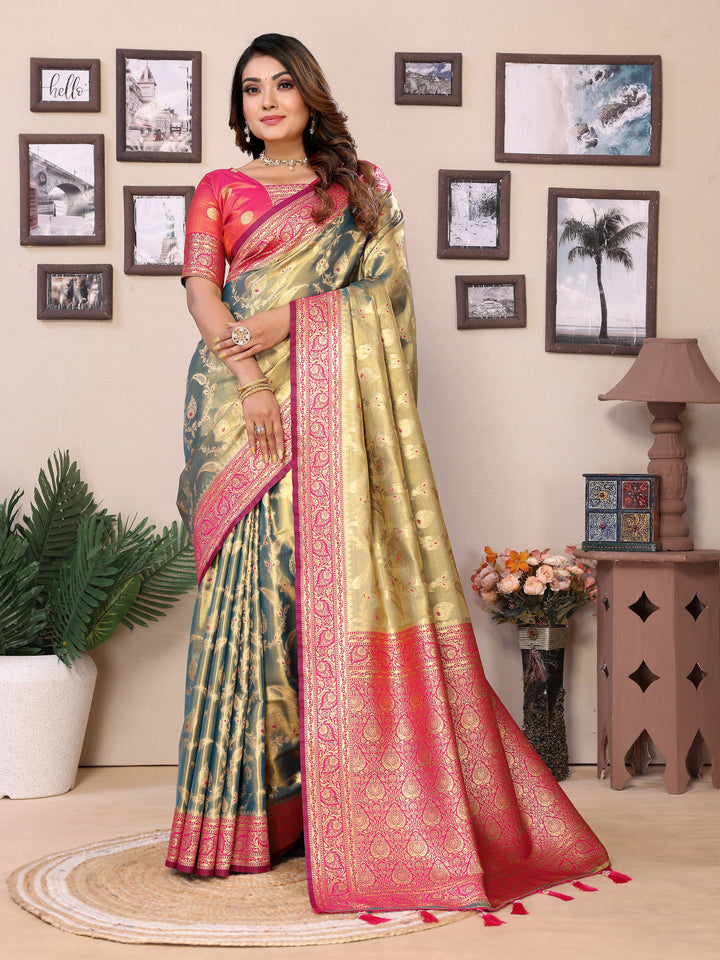 Mehndi-Green Hema pure Banarasi Tissues silk sarees Its soft and silky with Meenkari woven borders