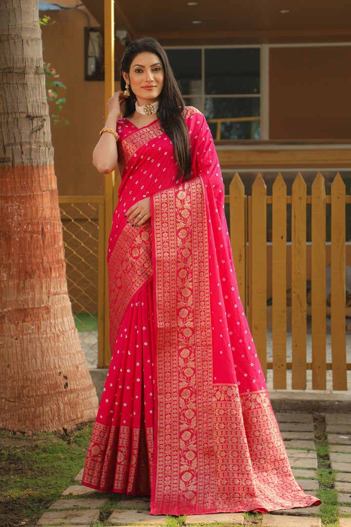 Pink Toral Bandhej Kanjivaram Silk Saree Kanjivaram Border With Zari Weaving Rich Pallu