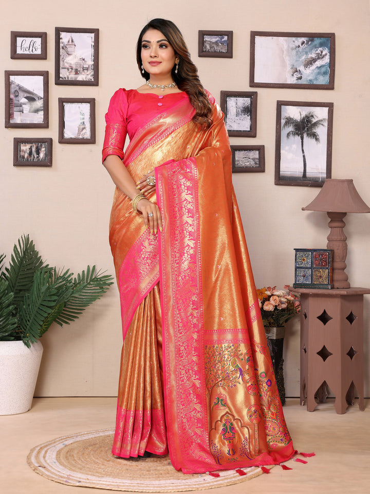 Orange Vantara Banarasi Tissue Silk Saree With Contrast Paithani Woven Borders & Pallu