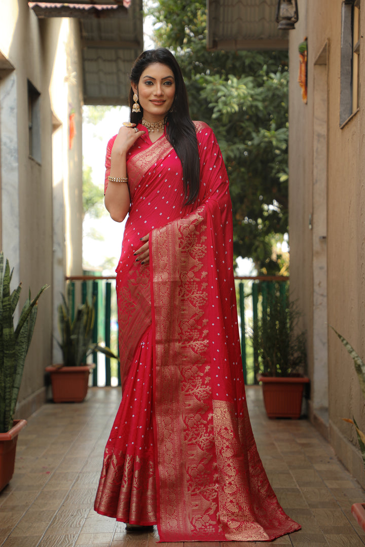Pink Suvarna-3 Bandhej Kanjivaram silk saree And Kanjivaram Border with Zari Weaving Rich Pallu