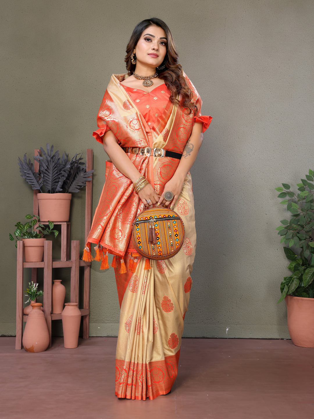 Orange Jugani Viscose Silky Sarees And weaving Butties with contrast border, Rich pallu