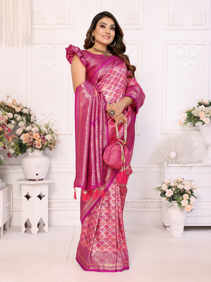Pink Chaturi-1 Banarasi Chaturi silk saree Jari weaving Border and Weaving rich pallu