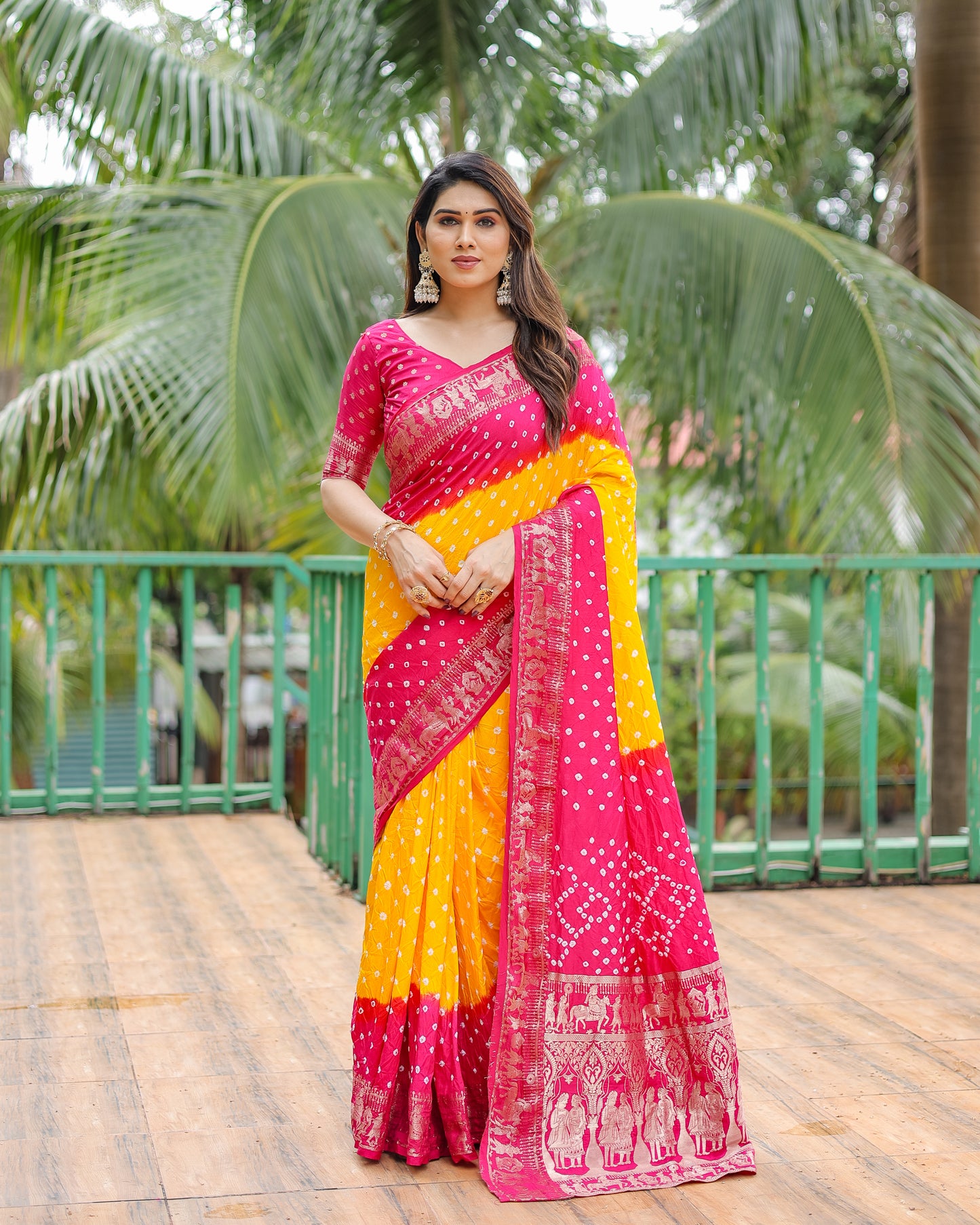 Yellow Vamika Pure Bandhej Silk Saree With Bandhej Border & Zari Weaving Rich Tissue Pallu
