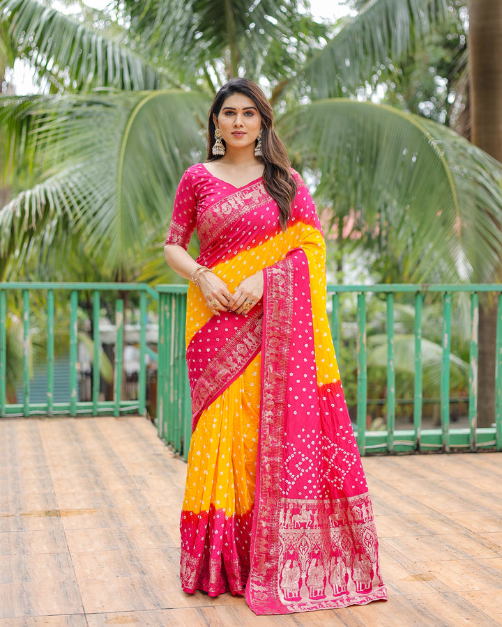 Yellow Vamika Pure Bandhej Silk Saree With Bandhej Border & Zari Weaving Rich Tissue Pallu
