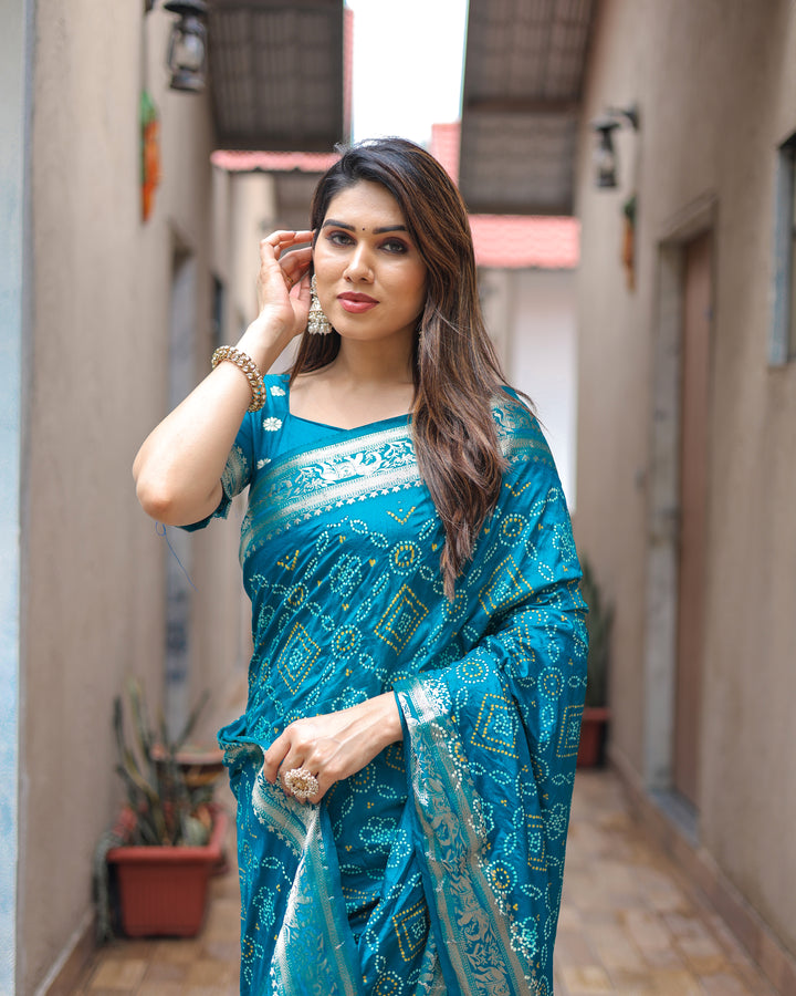Sky Pushpavati Soft Dola Silk Bandhej Sarees With Kanchi Weaving Border With Multicolour Bandhej Block Print Design
