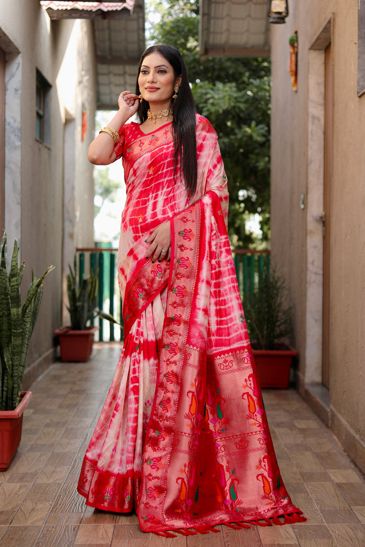 Red Poonam Sibori Print Paithani Silk Sarees With Gold Zari Paithani Border & Contrast Rich Pallu