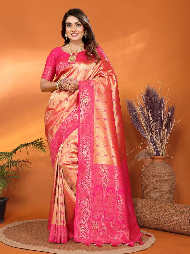 Orange Devika Handloom Tissue Silk Sarees with Zari Weaving and Contrast Zari woven borders