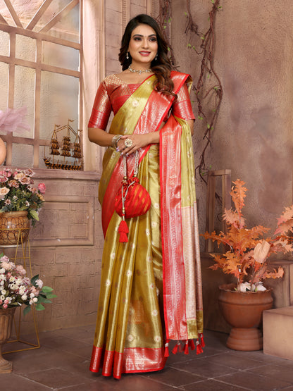 Light Green Anita Handloom Tissue Silk Sarees with Zari Weaving Designs and Zari borders Rich Pallu
