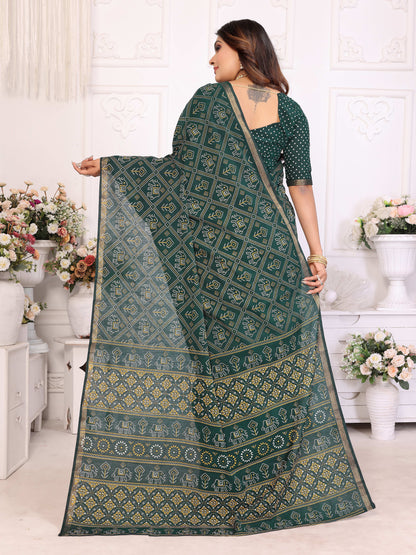 Green Ambika Pure Patola And Bandhej Pattern Soft Cotton Light Weight Saree