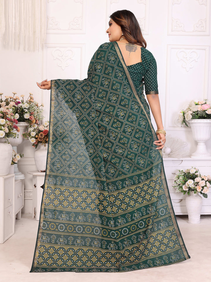 Green Ambika Pure Patola And Bandhej Pattern Soft Cotton Light Weight Saree