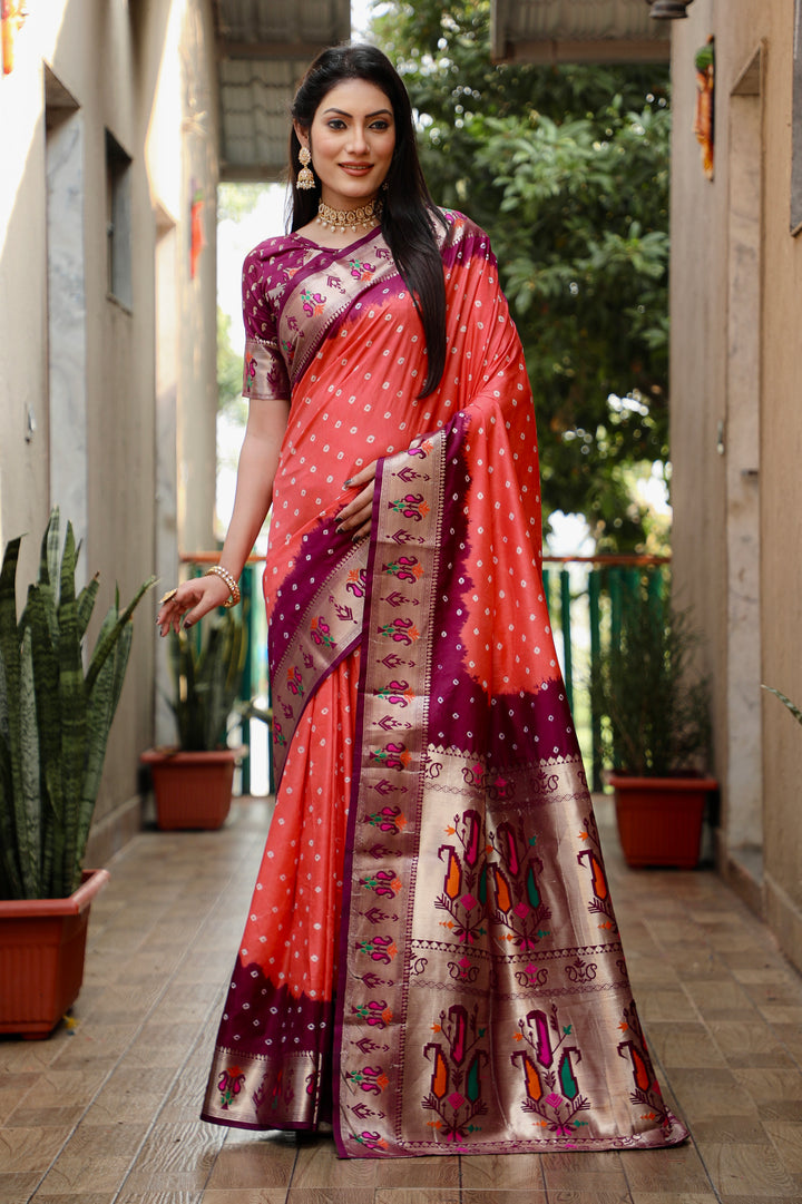 Peach Chandani Dola Soft Silk Bandhej Saree With Jari Paithani Border