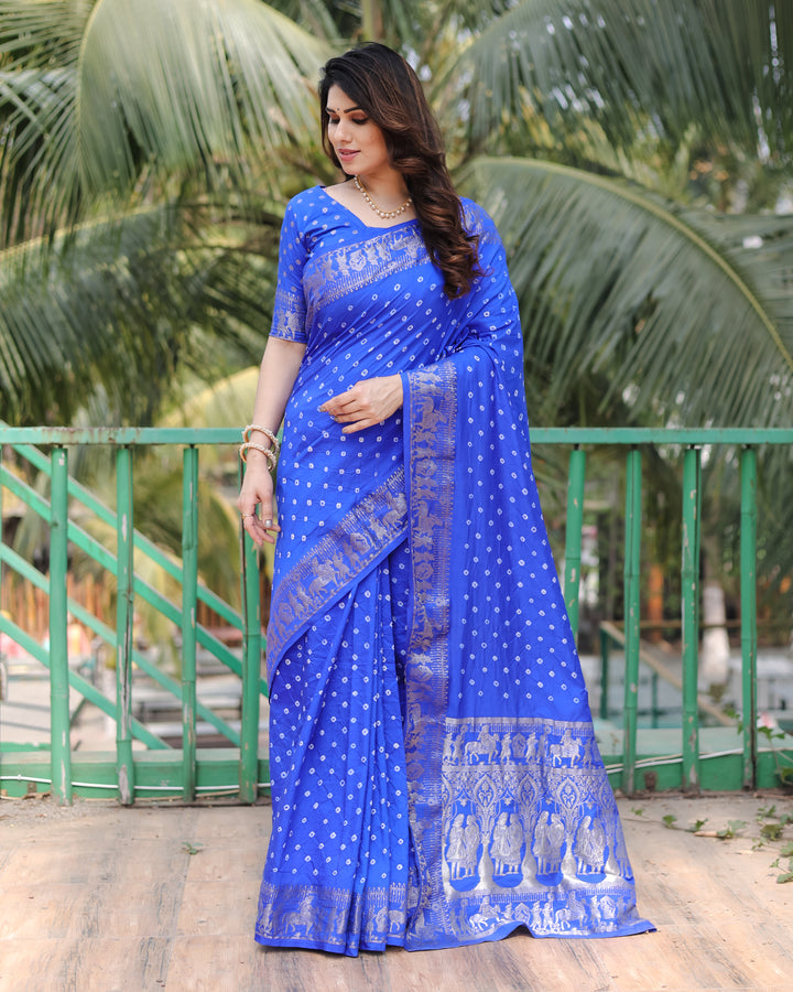 Blue Mausami Pure Bandhej Silk Saree With Zari Weaving Border & Rich Pallu With Beautiful Design And Broad Border