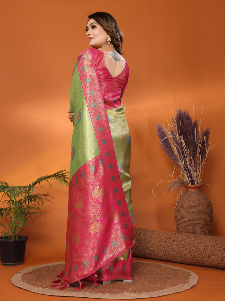 Parrot Saroj Banarasi Silk Saree With Contrast Paithani Woven Borders & Pallu