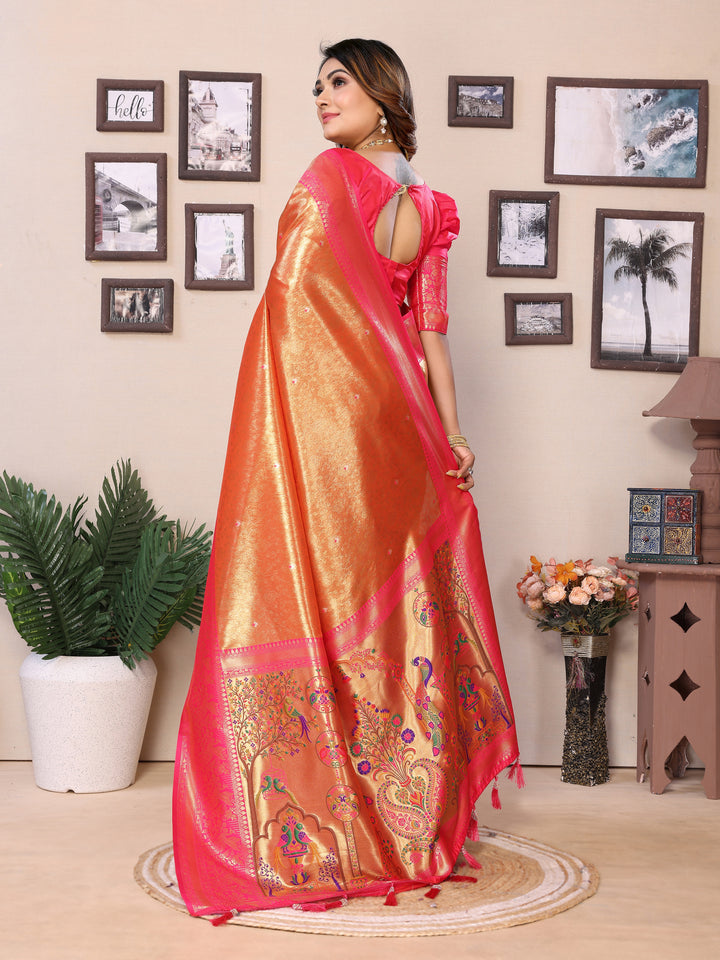 Orange Vantara Banarasi Tissue Silk Saree With Contrast Paithani Woven Borders & Pallu