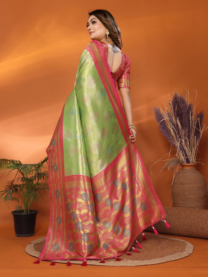 Parrot Sonali Banarasi Silk Saree With Contrast Paithani Woven Borders & Pallu