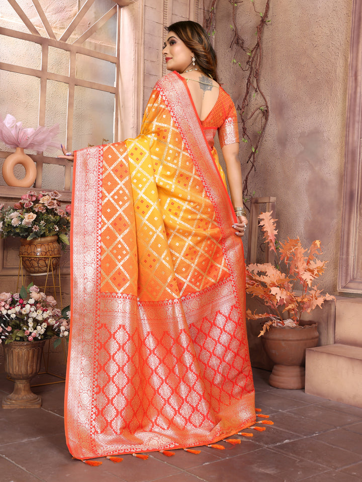 Yellow Kundan kochi silk saree with beautiful Checks weaving exclusive work soft comfy