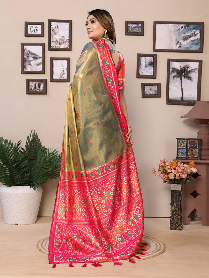 Green Surekha Banarasi Silk Saree With Contrast Patola Woven Borders & Pallu