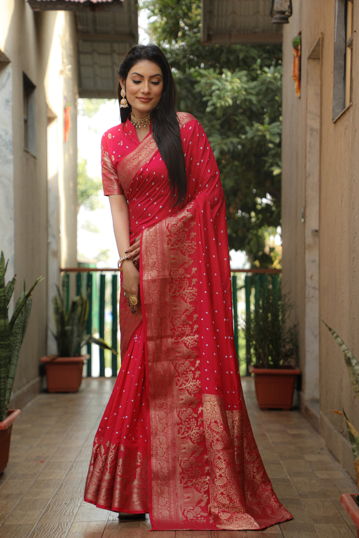 Pink Suvarna-3 Bandhej Kanjivaram silk saree And Kanjivaram Border with Zari Weaving Rich Pallu
