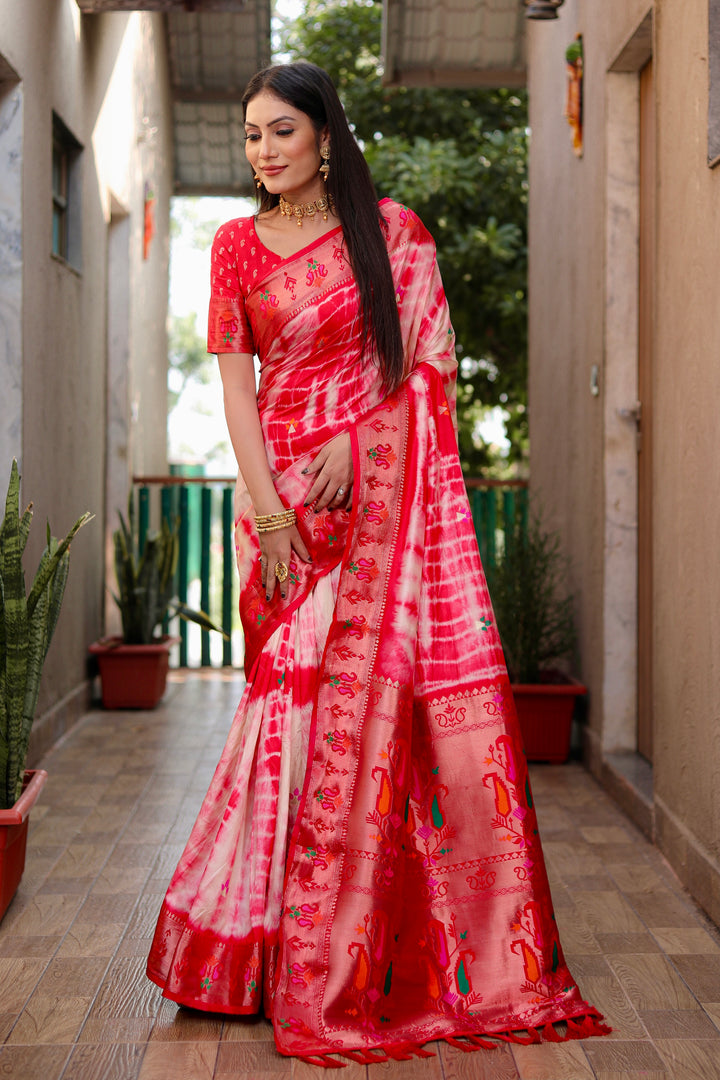 Red Poonam Sibori Print Paithani Silk Sarees With Gold Zari Paithani Border & Contrast Rich Pallu