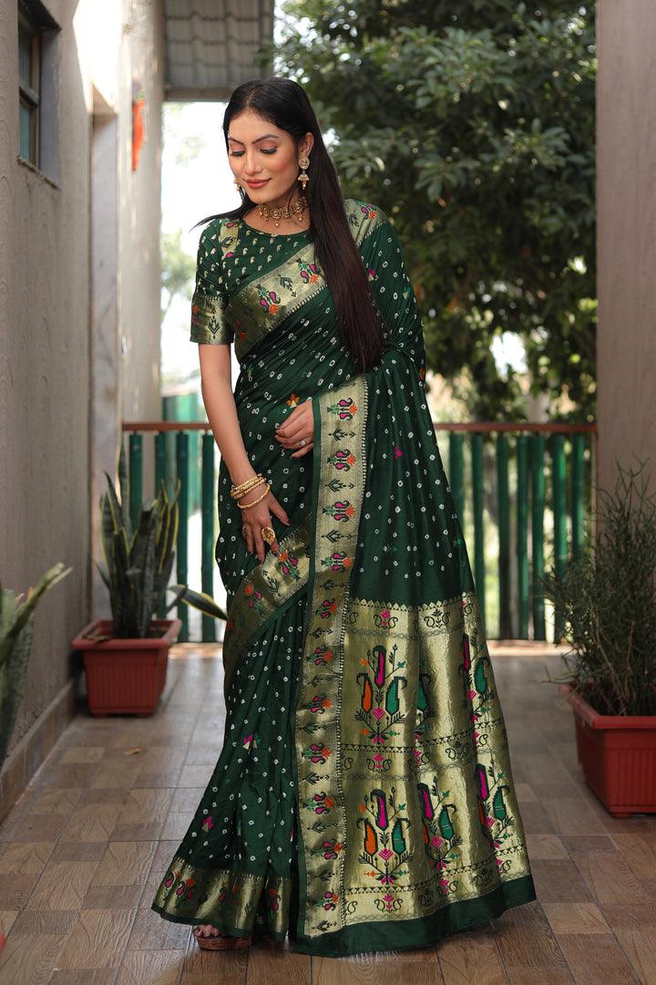 Green Yogeshwari Dola Soft Silk Bandhej Saree With Jari Border & Weaving Paithani Style Rich Pallu