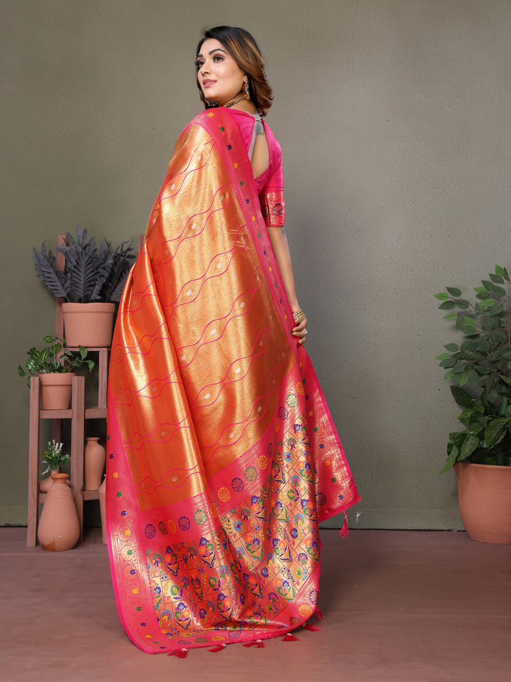 Orange Vasant Banarasi Tissue Silk Saree With Laheriya Woven Borders & Contrast Banarasi Pallu