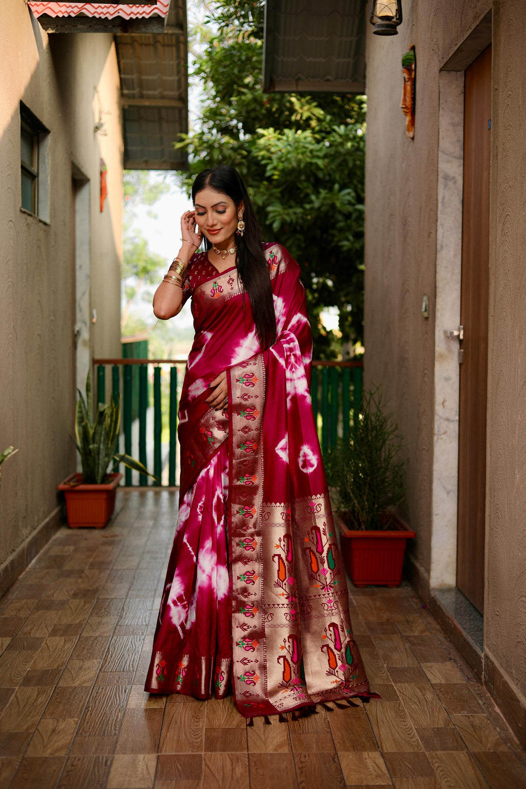 Maroon Vatika Sibori Print Paithani Silk Sarees With Gold Zari Paithani Border & Contrast Rich Pallu