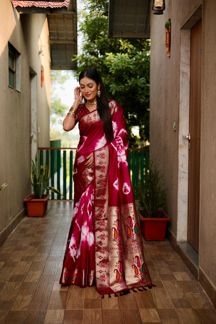 Maroon Vatika Sibori Print Paithani Silk Sarees With Gold Zari Paithani Border & Contrast Rich Pallu
