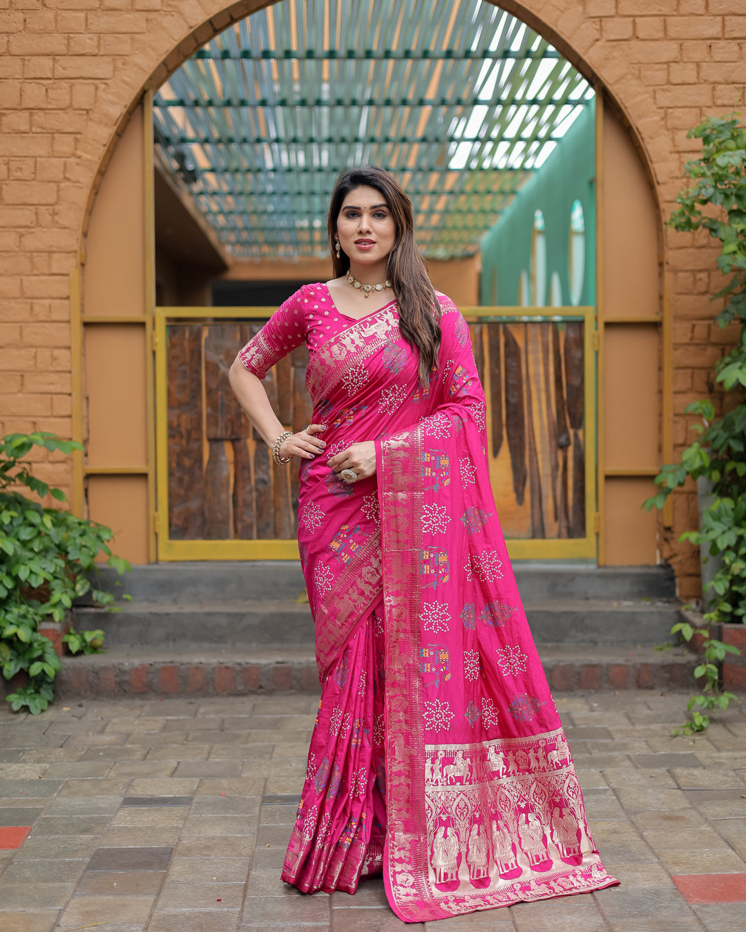 Pink Mastani Soft Dola Silk Bandhej Print Sarees With Kanchi Weaving Border And Allover Zari Border