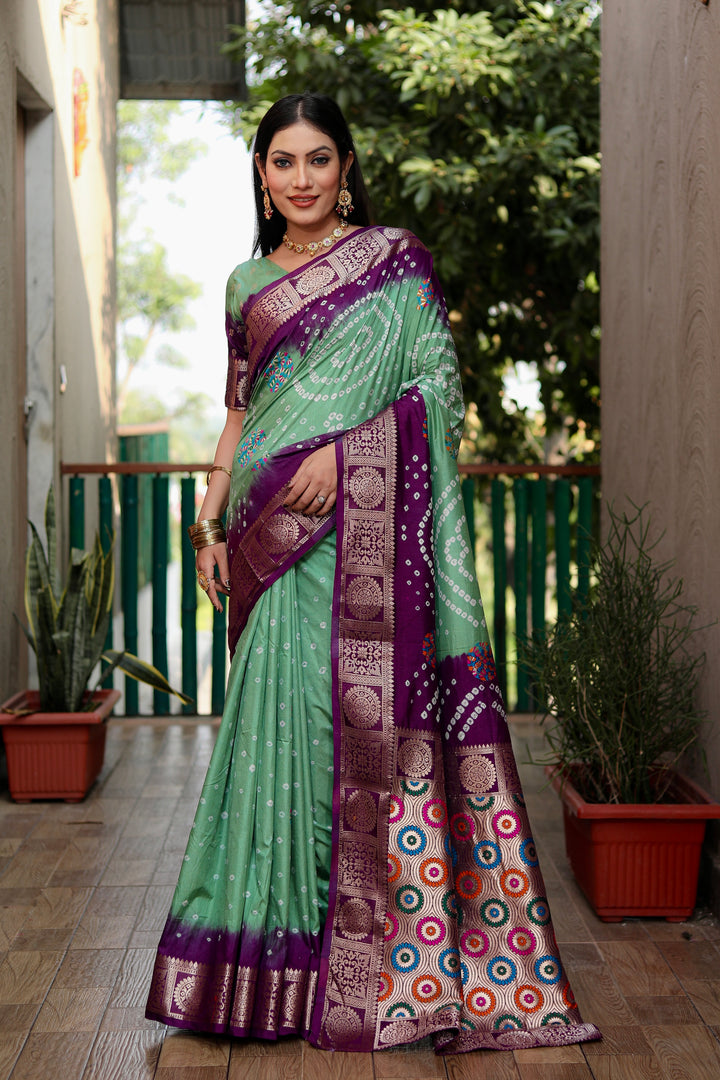 Green Ishani Pure Bandhej Silk Saree Minakari Weaving Butta With Zari
