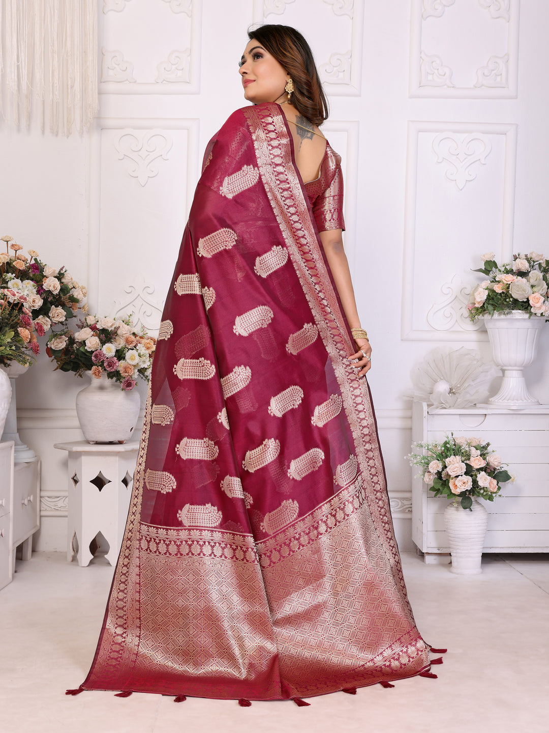 Maroon Vanshika Soft Organza Silk Banarasi Saree With Unique Butta With Unique Colours
