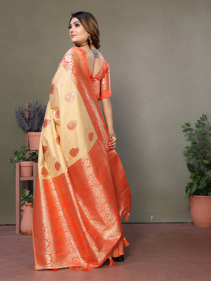 Orange Jugani Viscose Silky Sarees And weaving Butties with contrast border, Rich pallu