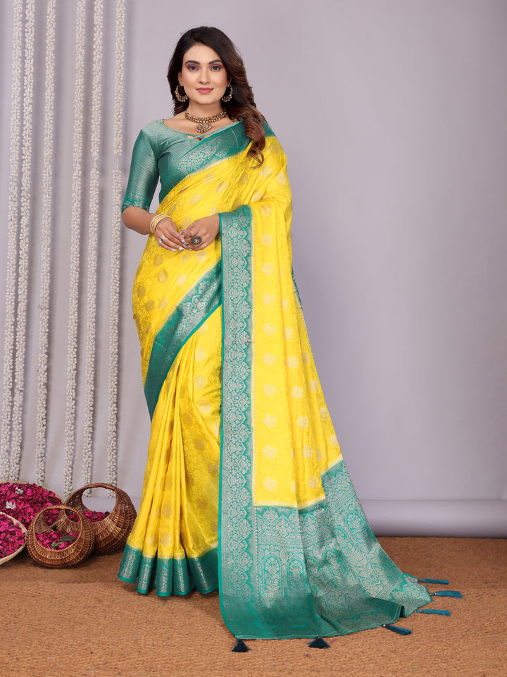 Yellow Sandhya Satin Silk Sarees With Butta Designs & Contrast Zari Woven Borders
