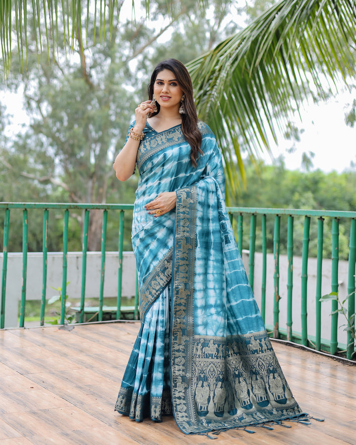 Blue Rangavelly Sibori Print Paithani Silk Sarees With Gold Zari Paithani Border & Contrast Rich Pallu