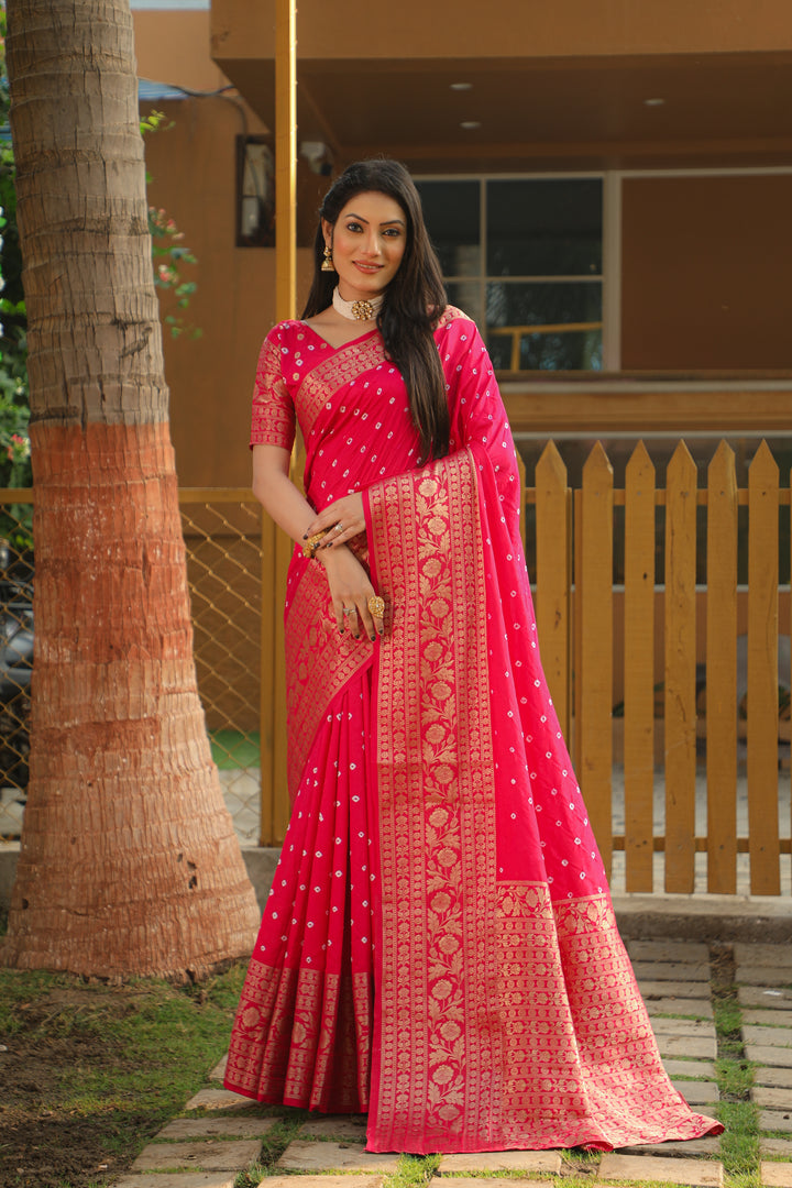 Pink Toral Bandhej Kanjivaram Silk Saree Kanjivaram Border With Zari Weaving Rich Pallu