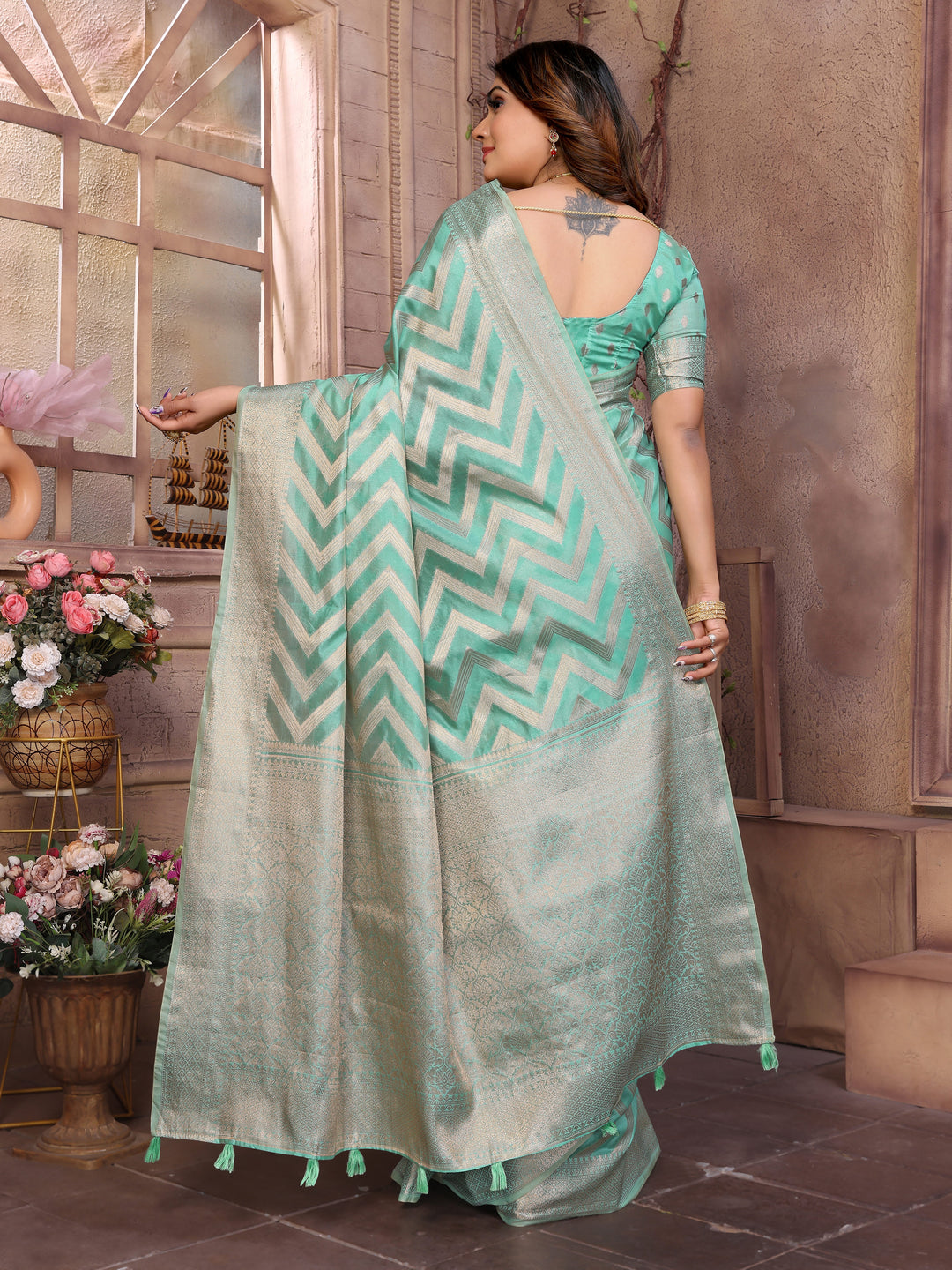 Light-Green Dwija Soft Organza Silk Banarasi Saree With Unique Butta With Unique Colours