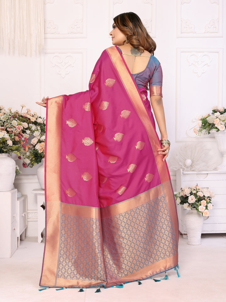 Pink Vardhman Lichi soft Silk sarees woven Butta concept & woven Zari borders both sides