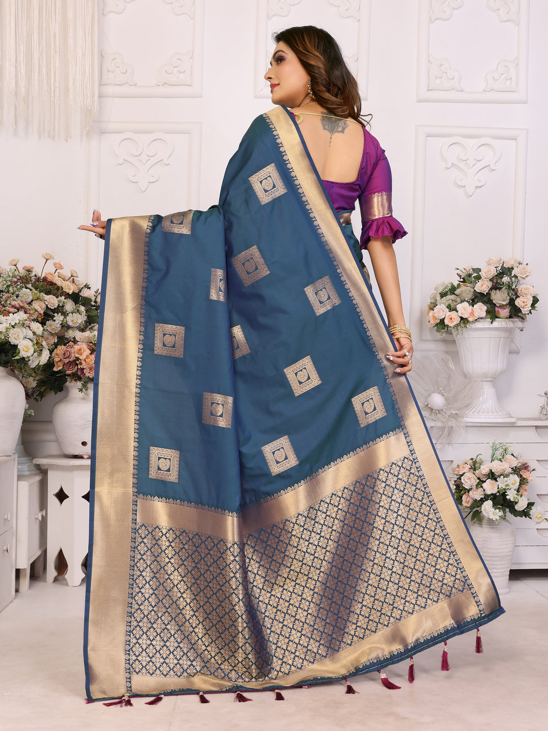 Blue Sameera Lichi soft Silk sarees & woven Butta concept With woven Zari borders both sides
