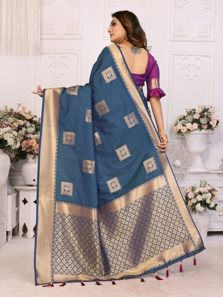 Blue Sameera Lichi soft Silk sarees & woven Butta concept With woven Zari borders both sides