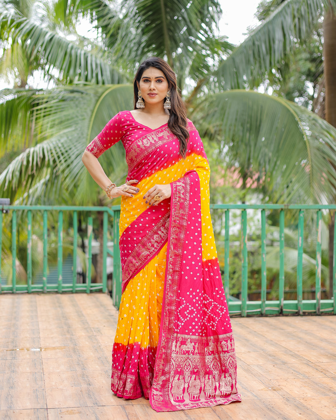 Yellow Vamika Pure Bandhej Silk Saree With Bandhej Border & Zari Weaving Rich Tissue Pallu
