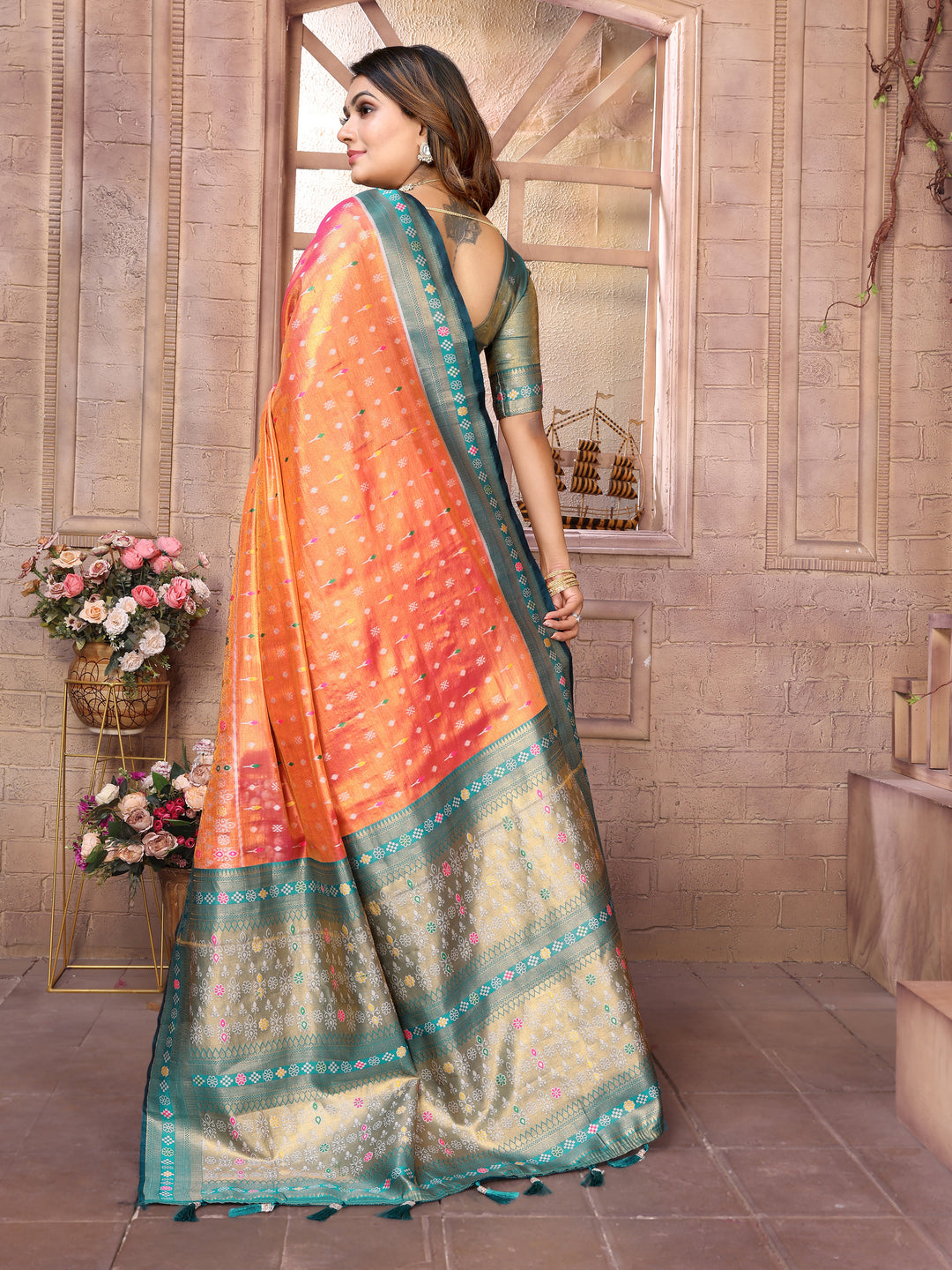 Orange Tarveni Banarasi Tissue Silk (Patola weaving) Saree With Contrast Patola Woven Borders & Pallu