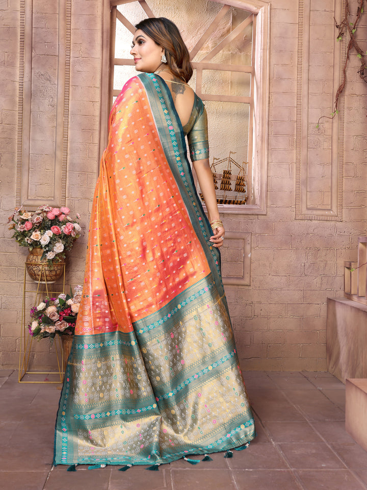 Orange Tarveni Banarasi Tissue Silk (Patola weaving) Saree With Contrast Patola Woven Borders & Pallu
