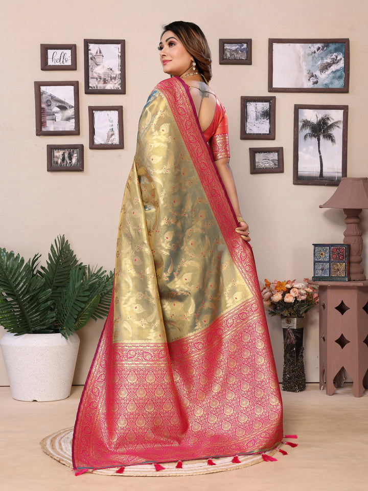 Mehndi-Green Hema pure Banarasi Tissues silk sarees Its soft and silky with Meenkari woven borders