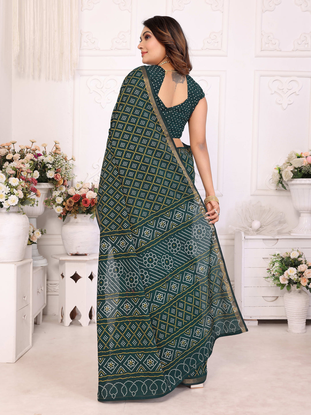 Green Amba Pure Patola And Bandhej Pattern Soft Cotton Light Weight Saree