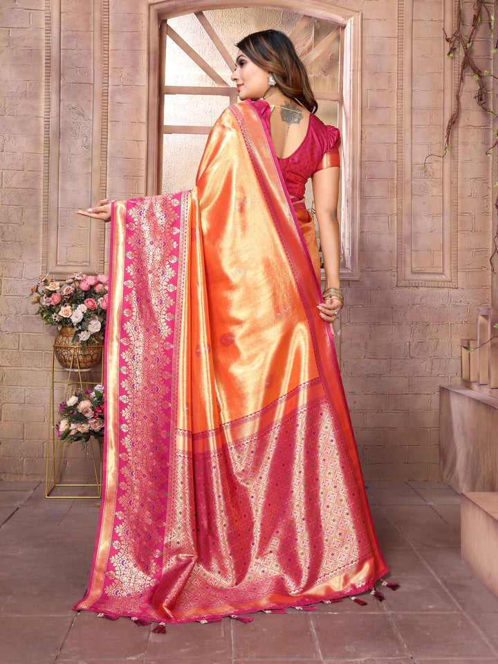 Orange Sundari Banarasi Tissue Silk Saree With Contrast Banarasi Woven Borders & Pallu