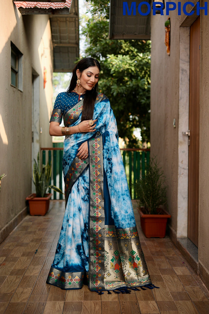 Navy Blue Flora Sibori Print Paithani Silk Sarees  With Gold Zari Paithani Border & Contrast  Rich Pallu
